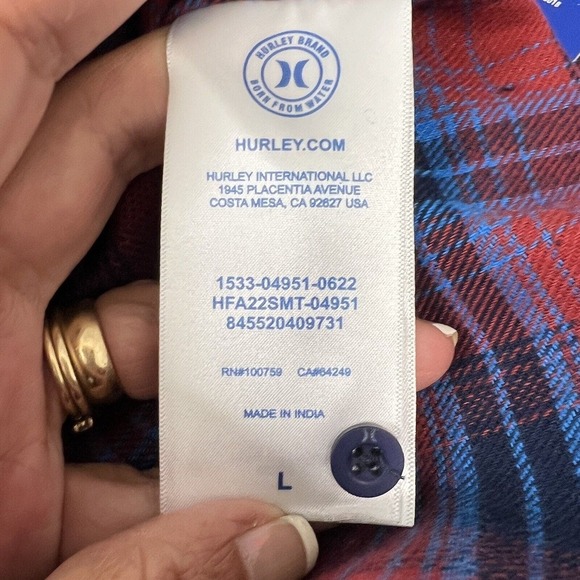 Hurley Shirt Mens LARGE Red & Blue Plaid Flannel Button Up Front Pockets Logo - Picture 9 of 15